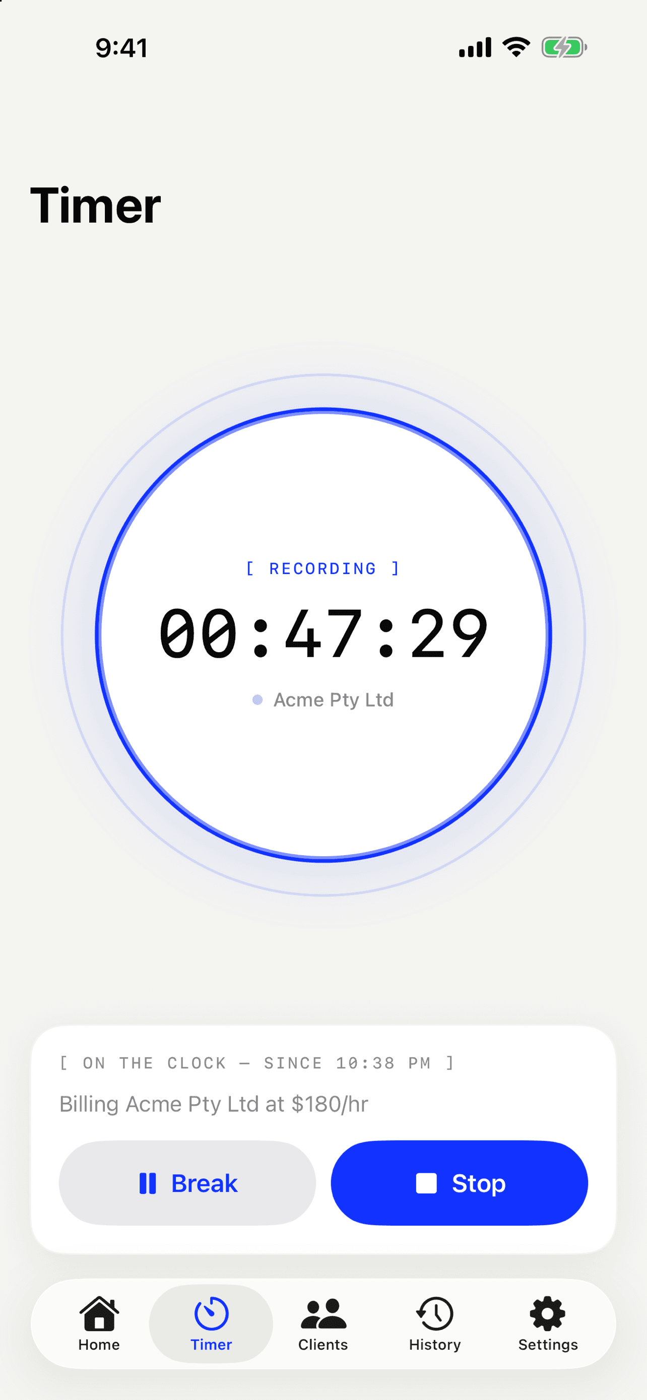 Billable timer screen recording a session for a client
