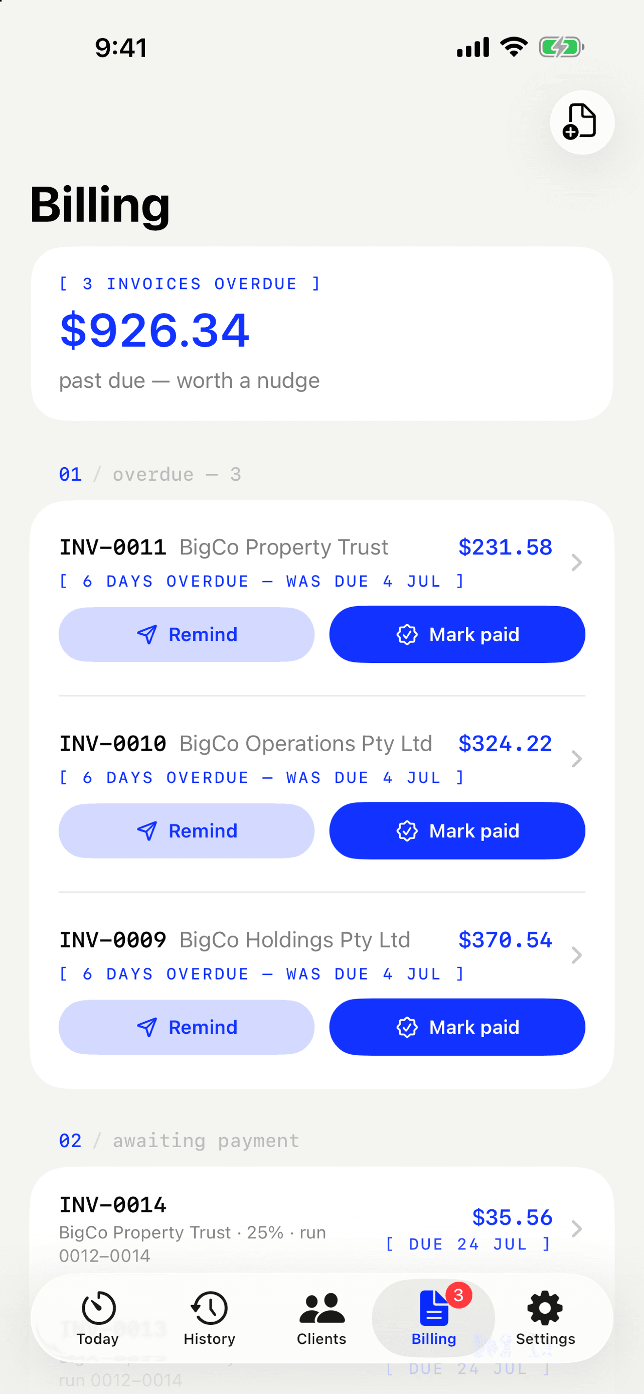 Billable Billing tab — outstanding and overdue invoices with one-tap remind and mark-paid