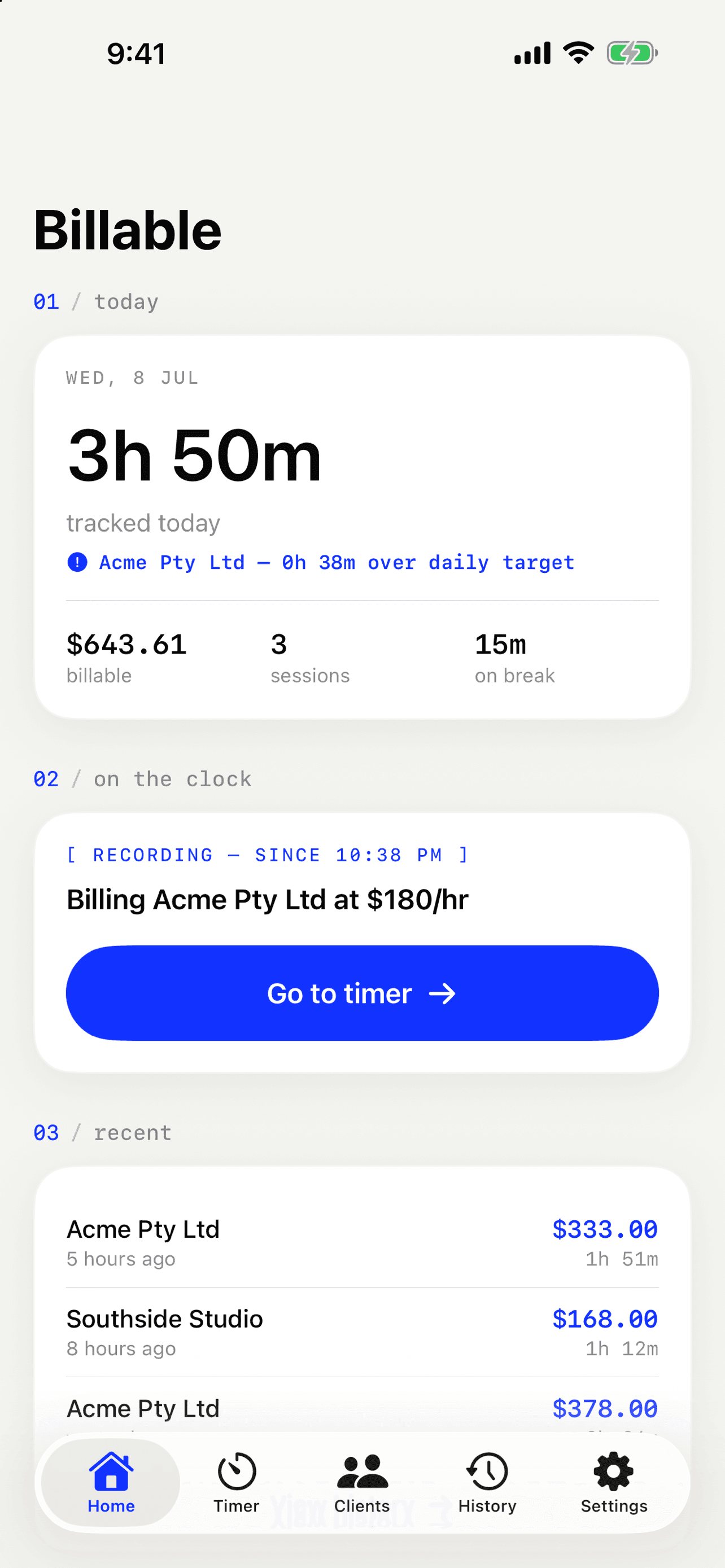 Billable home screen with today's tracked hours and billable total