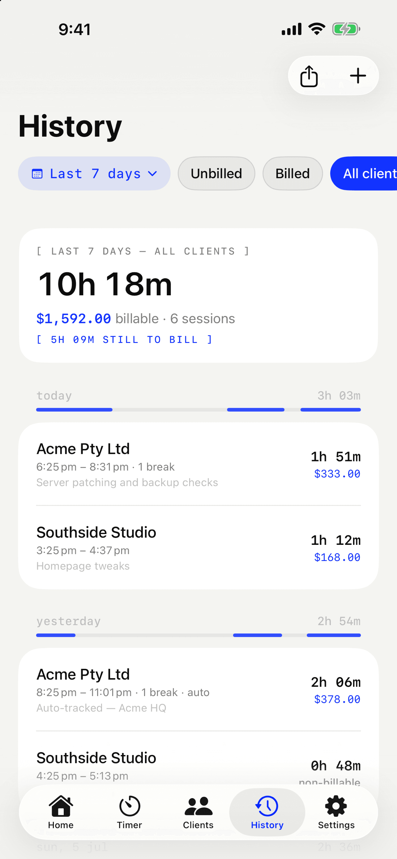 Billable history screen with day timelines, filters and unbilled totals