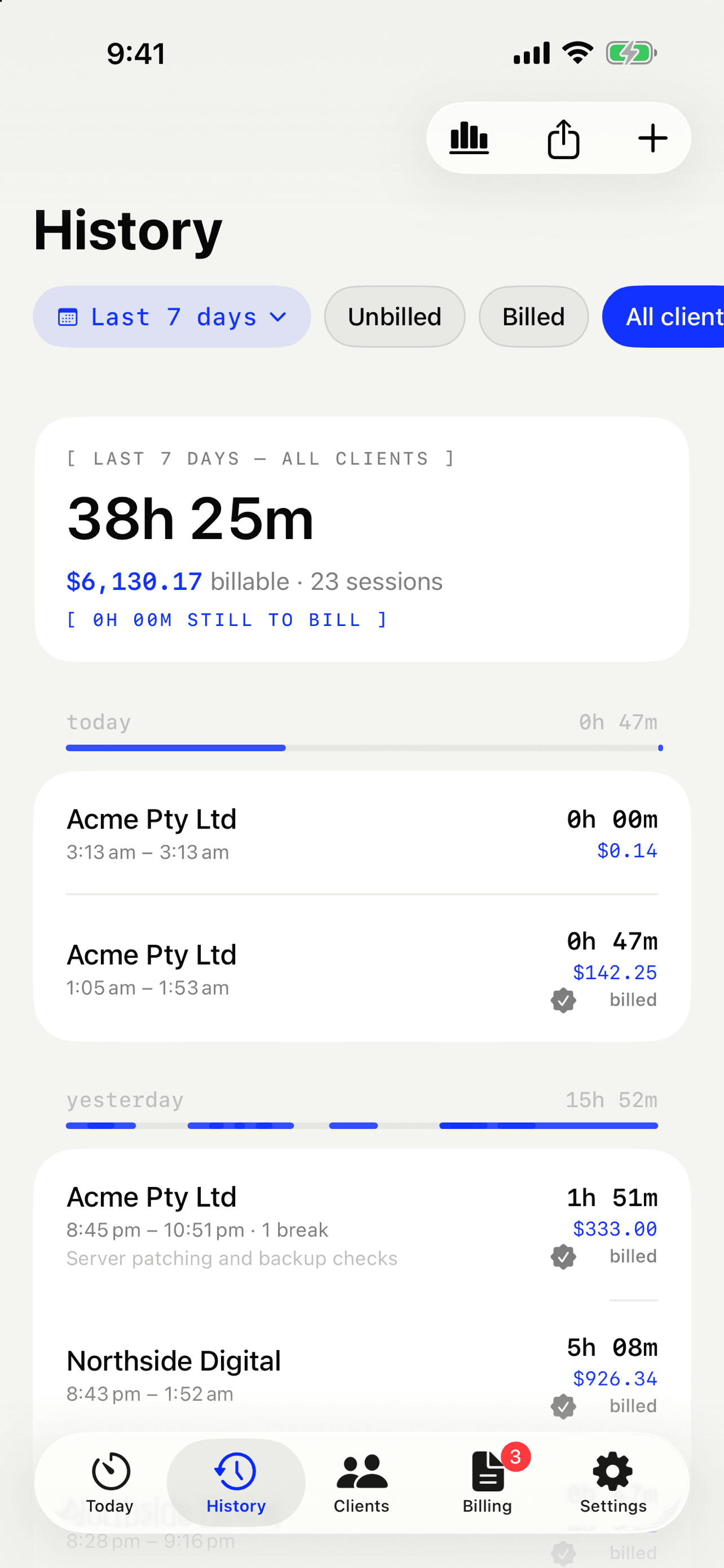 Billable history showing hours tracked, billable dollars and how much is still to bill