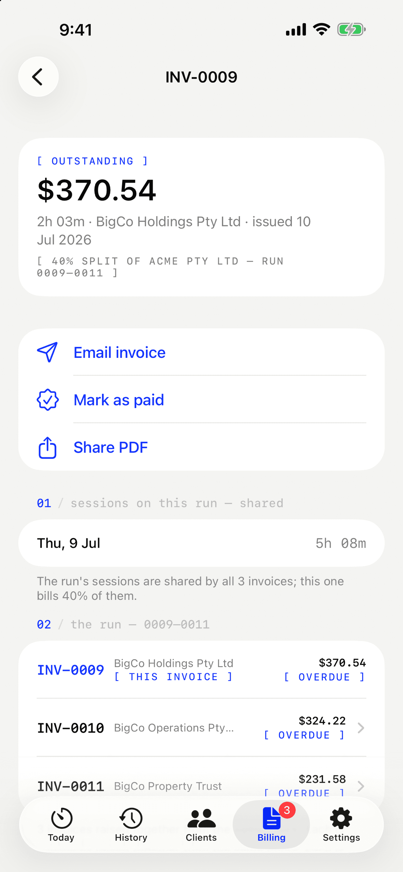 A Billable invoice — INV-0009, outstanding $370.54, with email, mark-as-paid and share-PDF actions and its split run