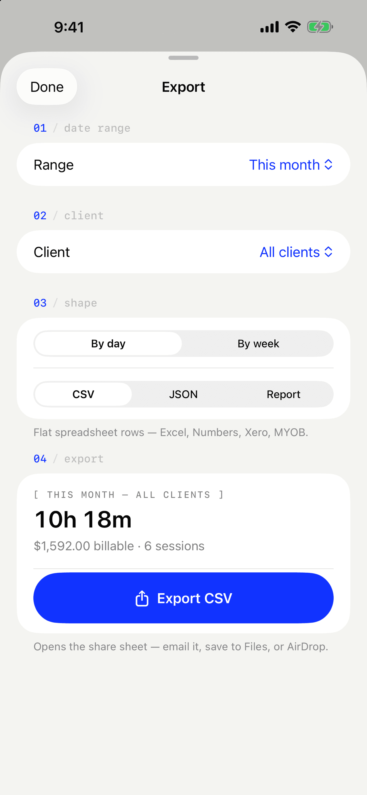 Billable export sheet with date range, client and format options